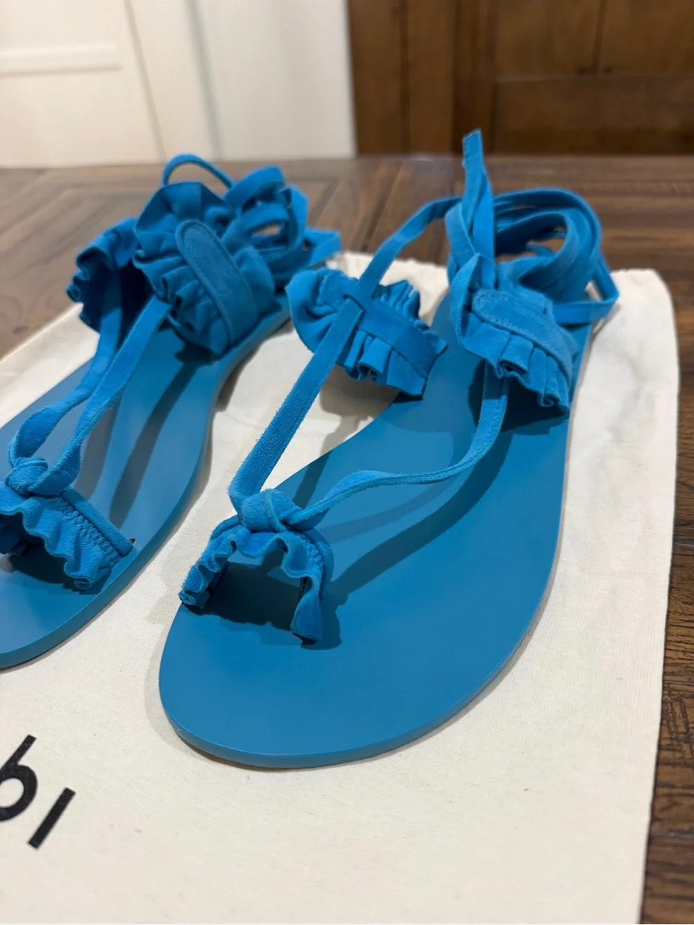 Tibi Amari Suede Sandal Azure Blue Lace-Up Flat Sz 40